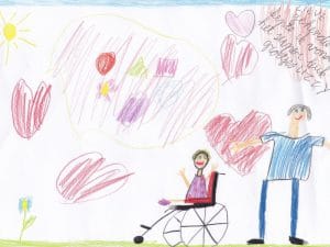 Tekening leerling. Vrouw in rolstoel met man.